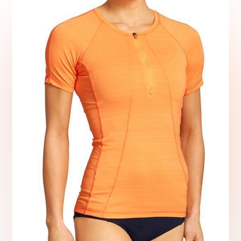 Athleta Pacifica Top Short Sleeve Rash Guard Small Orange Bright Swimming Shirt